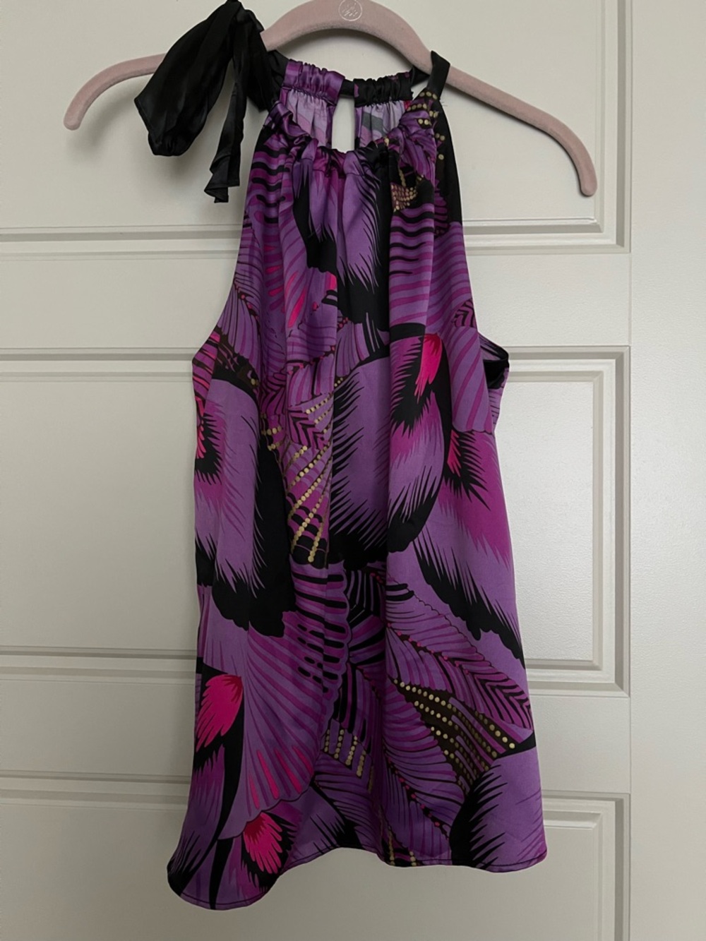 Tahari Purple Floral Halter Camisole with Black Tie